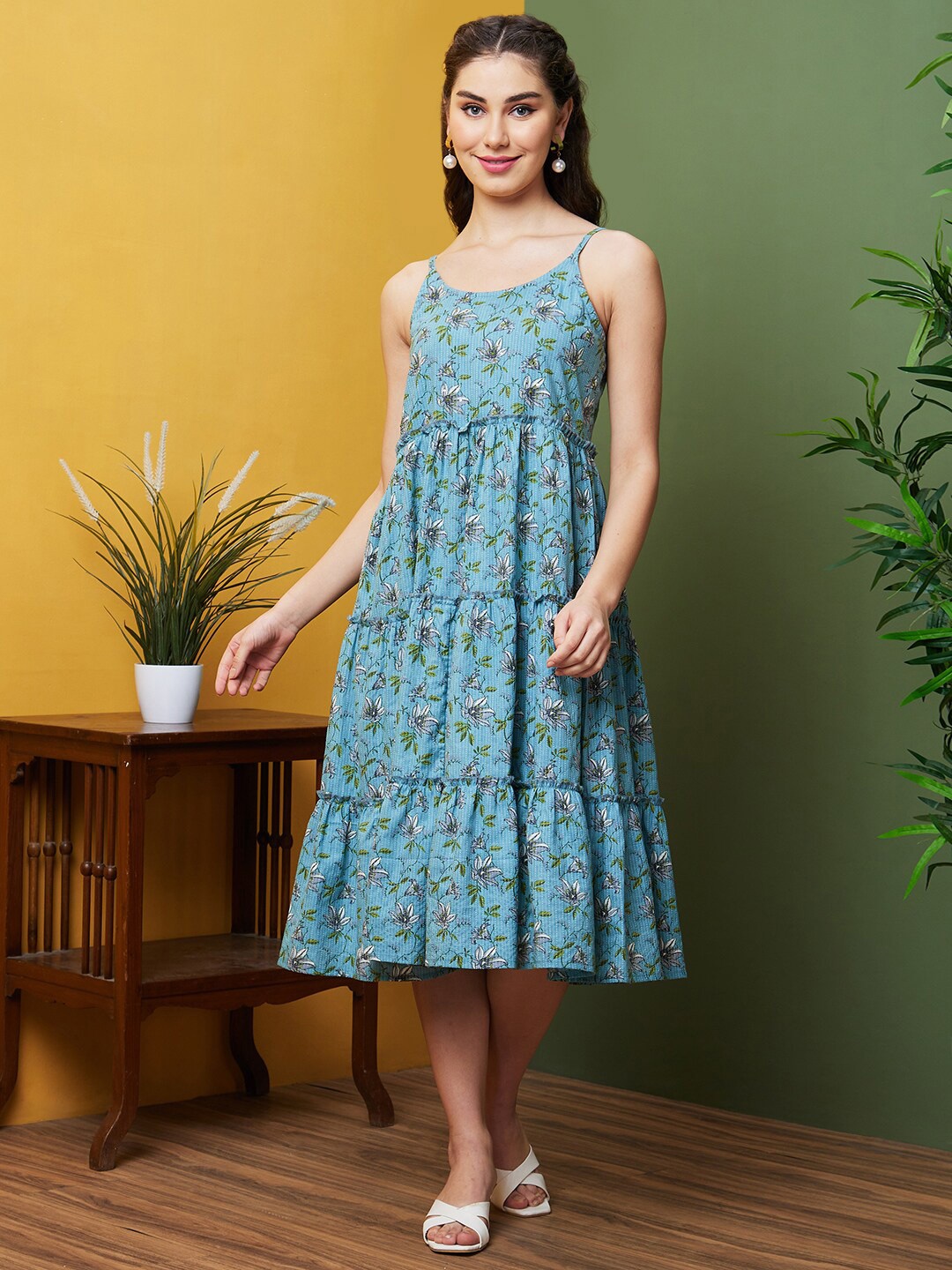 

Globus Floral Printed Pure Cotton A-Line Dress, Blue