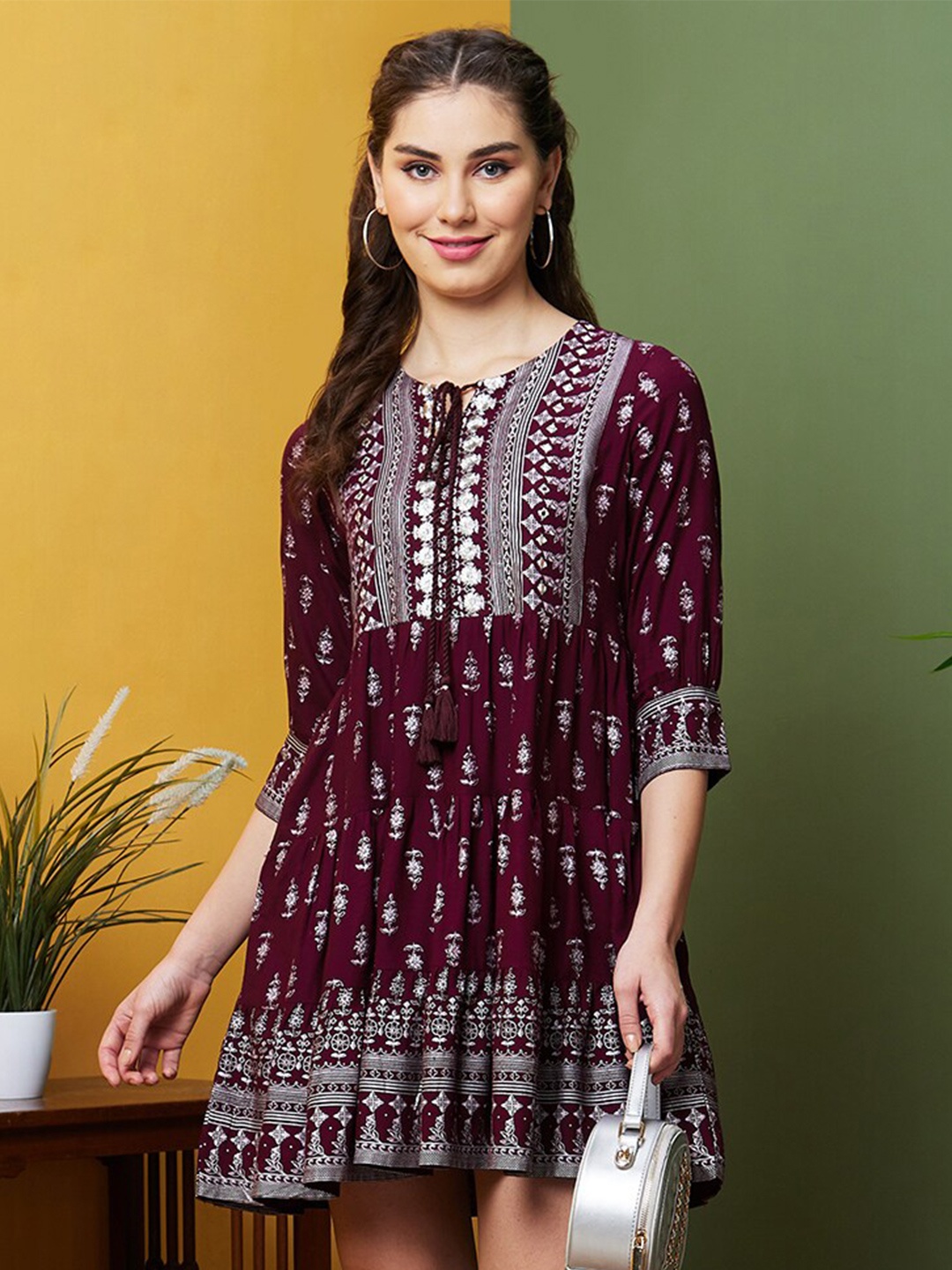 

Globus Floral Printed Tie-Up Neck Embroidered A-Line Mini Dress, Burgundy