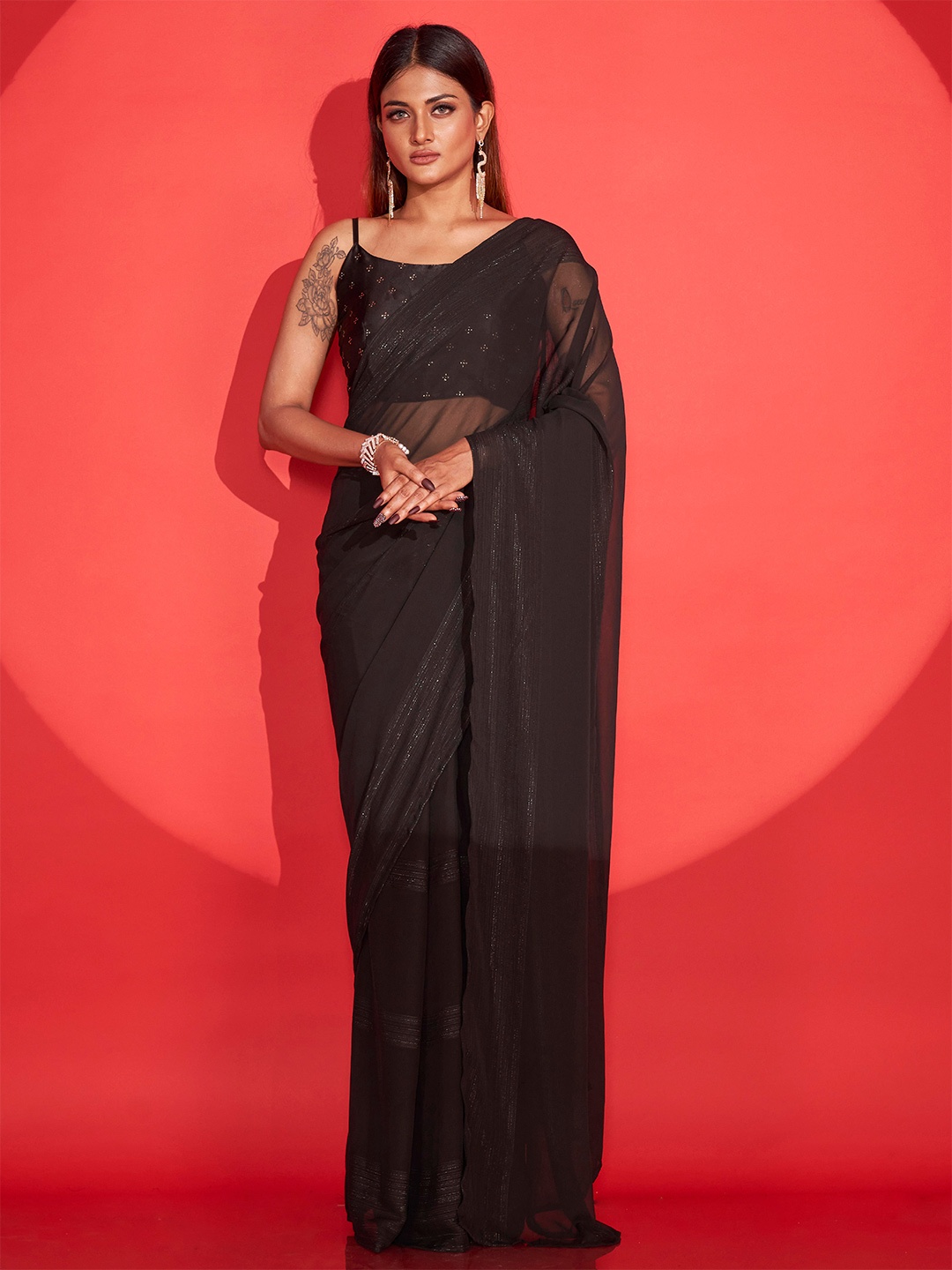 

Tikhi Imli Striped Embellished Zari Ready To Wear Saree, Black
