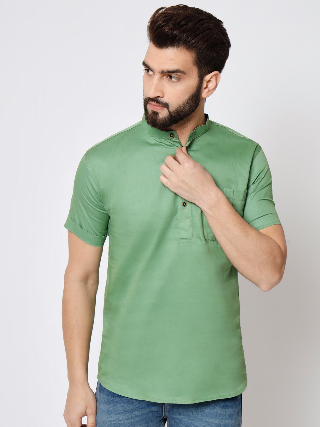 

GAINELL Band Collar Straight Cotton Kurta, Green