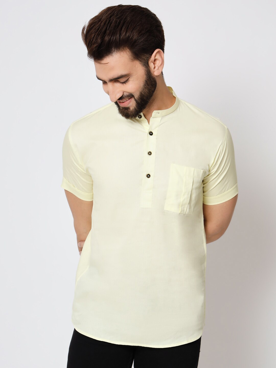 

GAINELL Band Collar Straight Cotton Kurta, Yellow