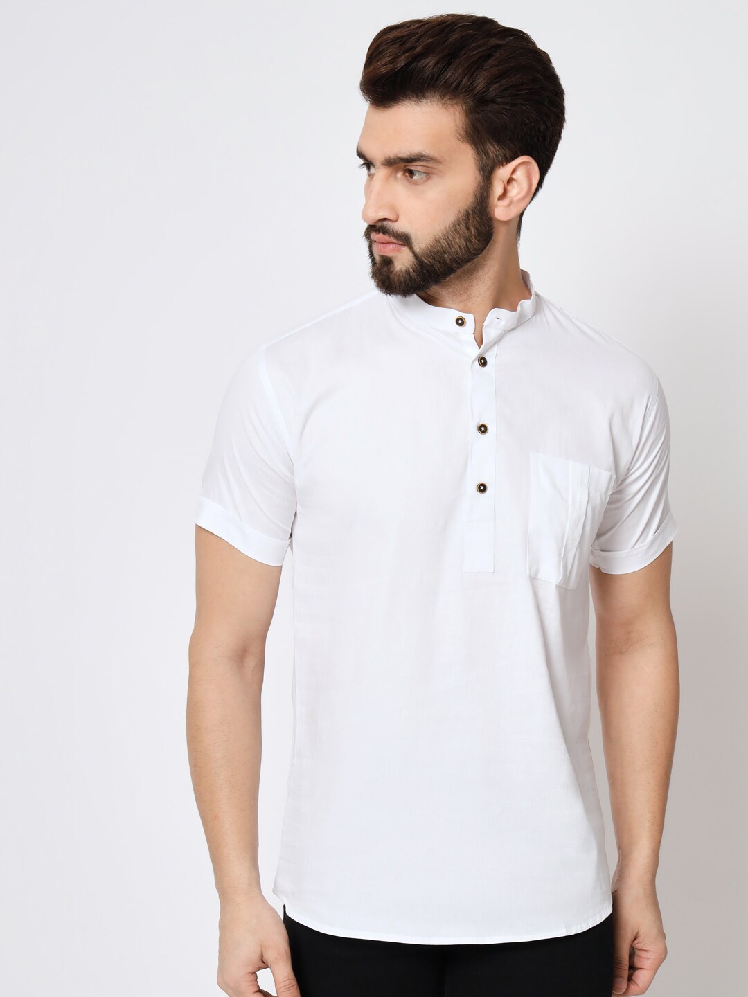 

GAINELL Band Collar Cotton Short Kurta, White