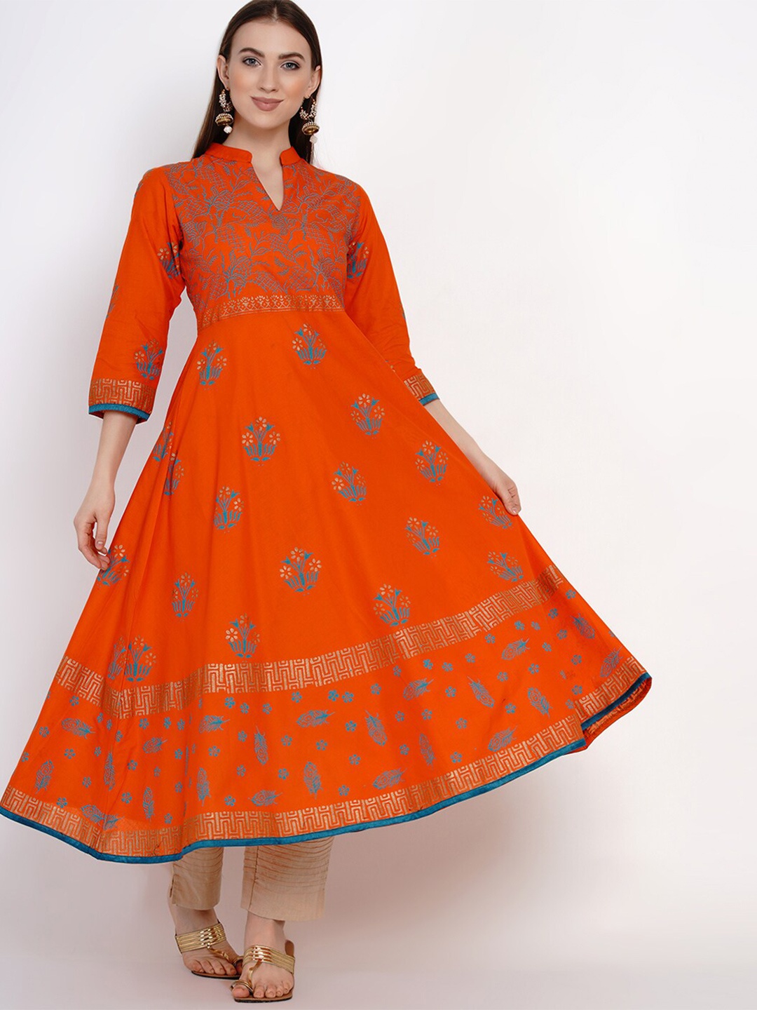 

RIYA Ethnic Motifs Printed Mandarin Collar Handblock Pure Cotton Anarkali Kurta, Orange