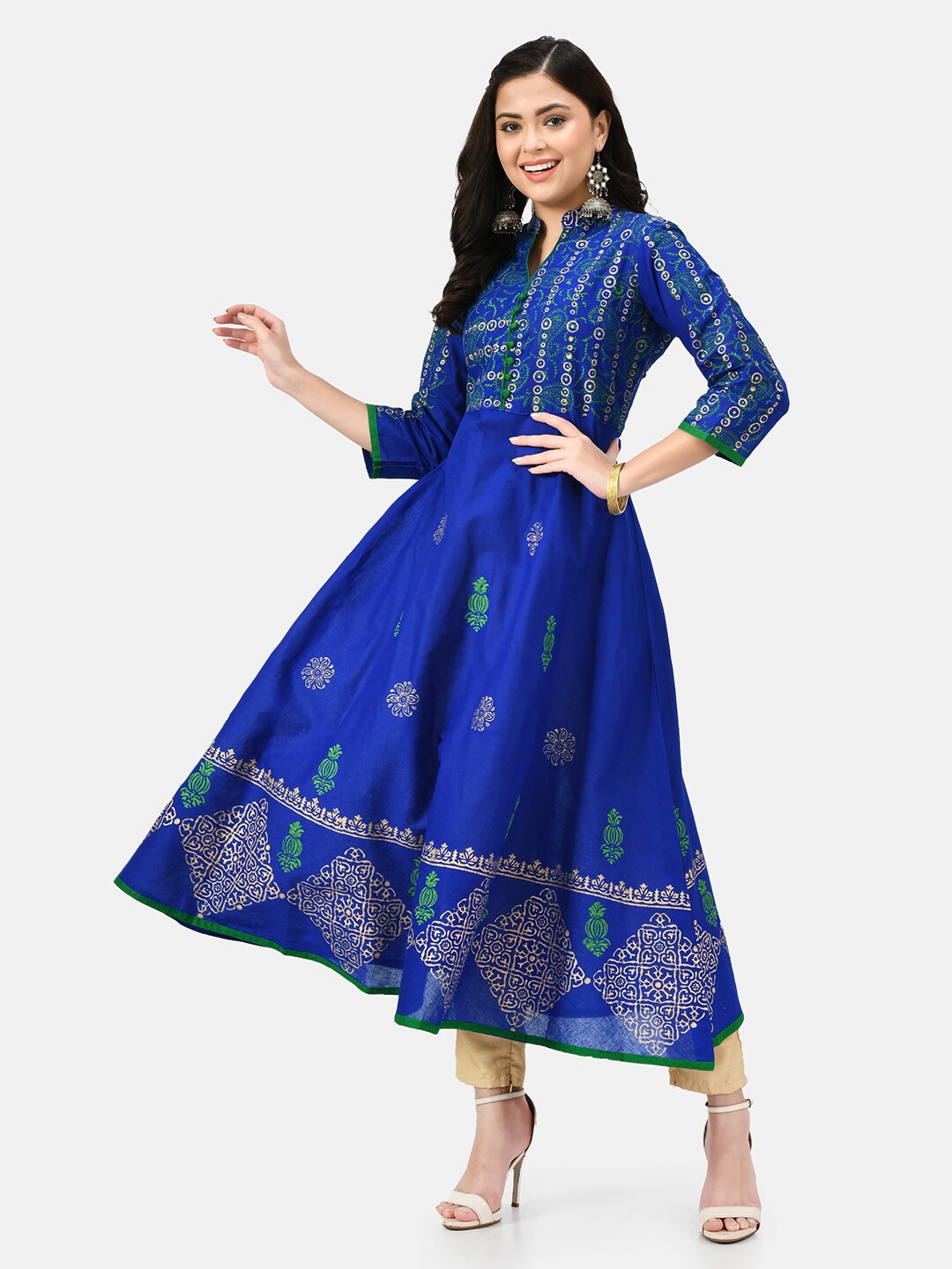 

RIYA Ethnic Motifs Printed Mandarin Collar Handblock Pure Cotton Anarkali Kurta, Blue