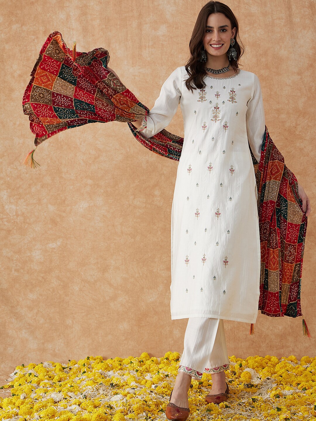 

Sangria Printed Flared Sleeves Kurta & Trousers With Dupatta, White
