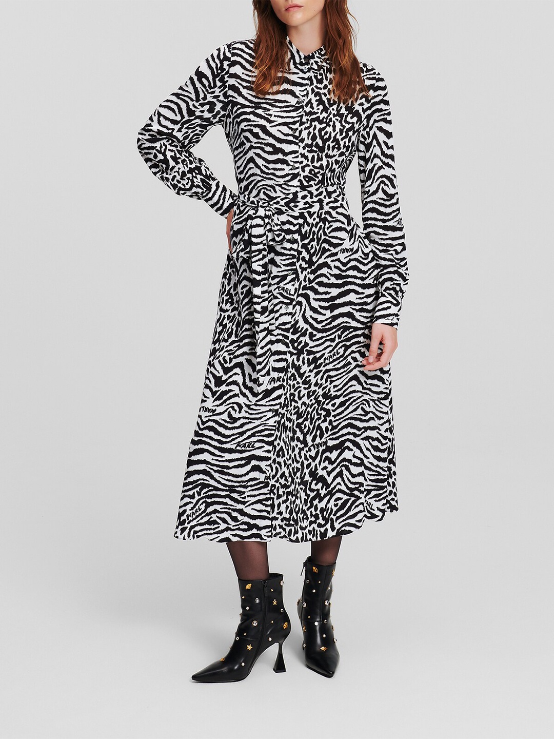 

Karl Lagerfeld Shirt collar Long Sleeves Animal Print Maxi Dress, White