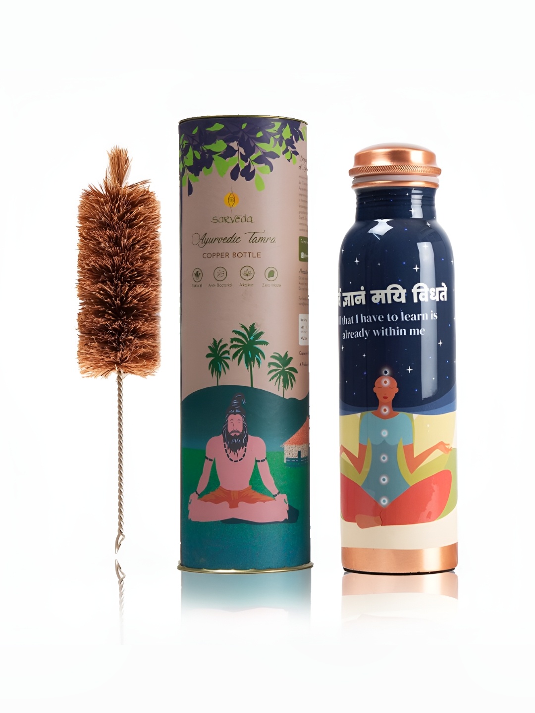 

Sarveda CopperToned & Green Single Printed Water Bottle with Cleaning Brush, Copper
