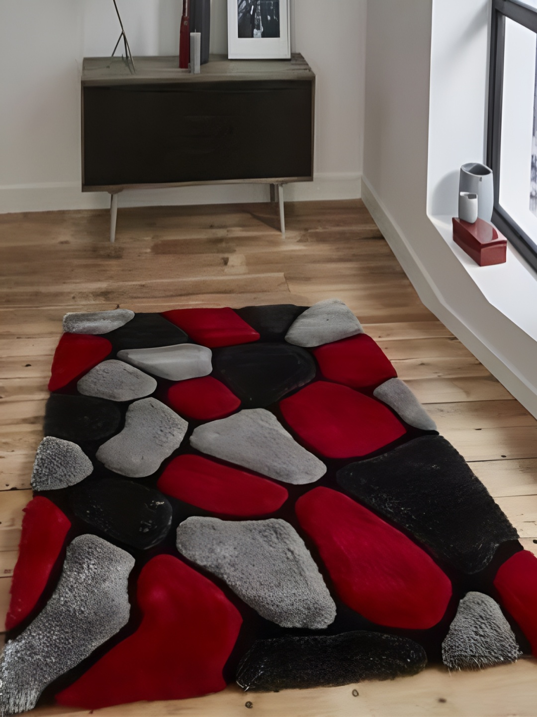 Shopgallery Red & Black Geometric Anti Skid Shaggy Carpet