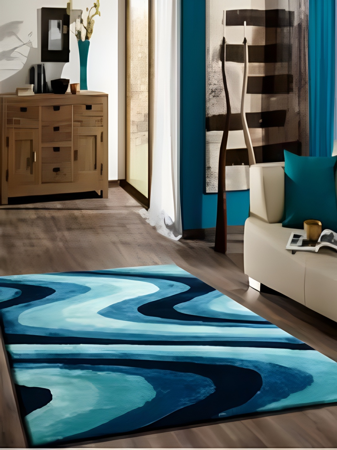 

Shopgallery Turquoise Blue & Off White Geometric Anti Skid Shaggy Carpet