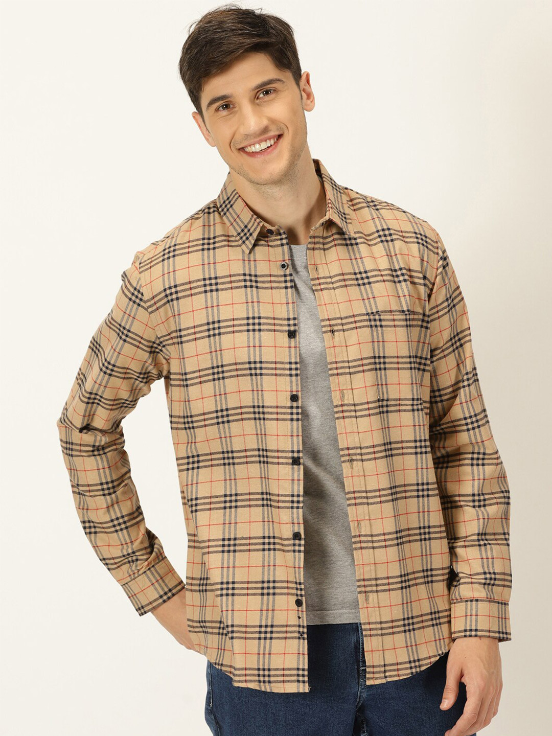 

Metronaut Tartan Checked Classic Slim Fit Opaque Casual Shirt, Cream