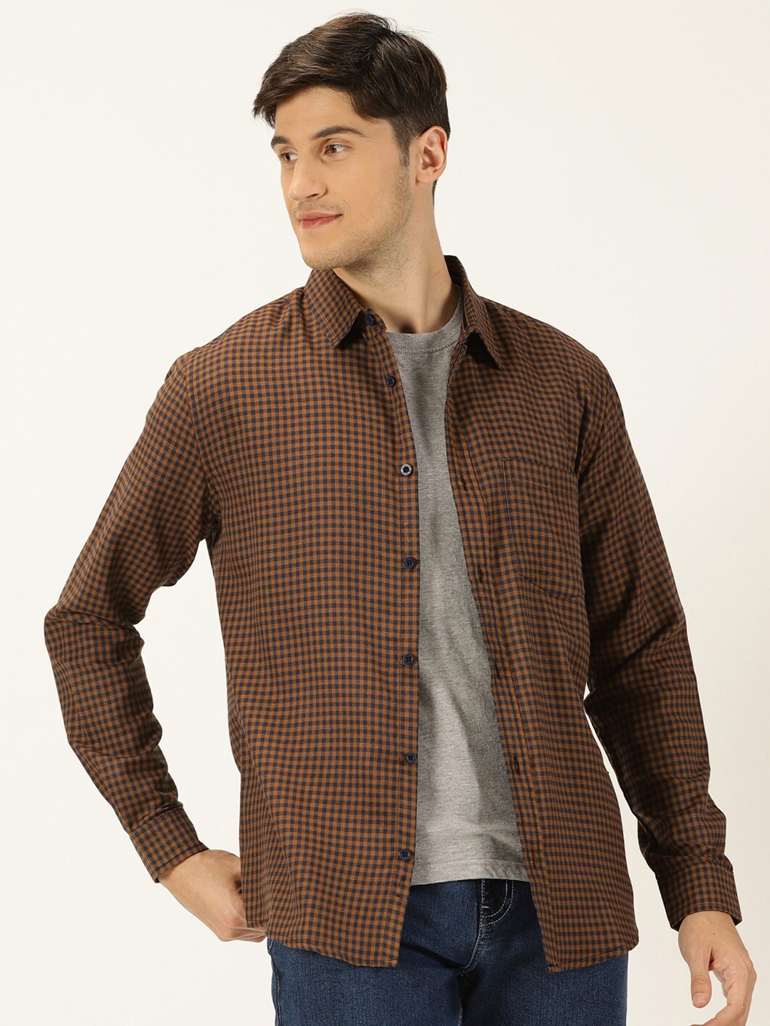 

Metronaut Classic Slim Fit Cotton Opaque Checked Casual Shirt, Brown