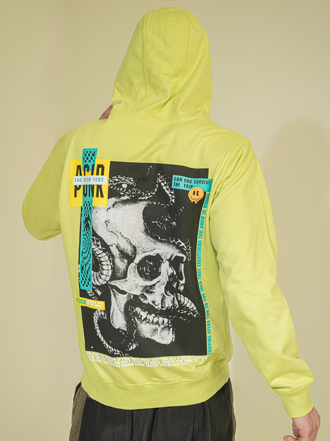 

PUNK Graphic Printed Hooded Pullover Cotton Sweatshirt, Lime green