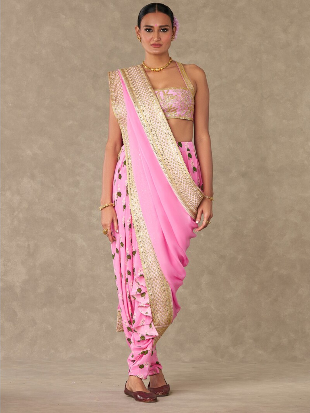 

Masaba Floral Printed Embroidered Dhoti Saree, Pink