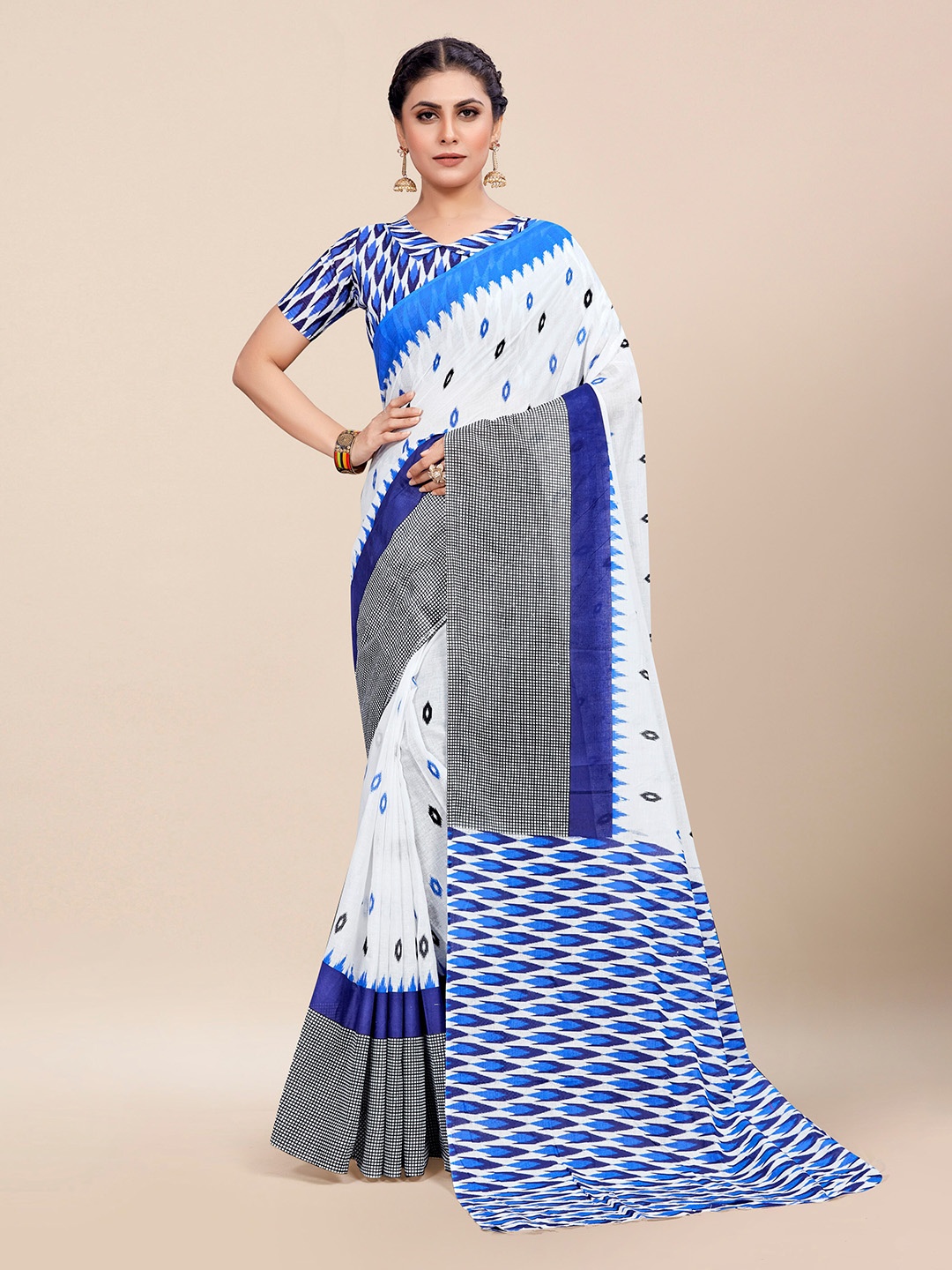 

RADHA LAKSHMI Pure Cotton Ikat Saree, White