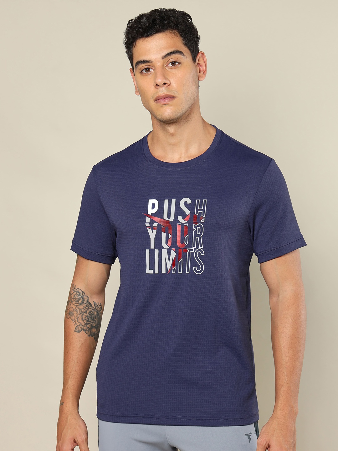 Technosport Typography Printed Rapid-Dry Gym T-shirt, Navy blue
