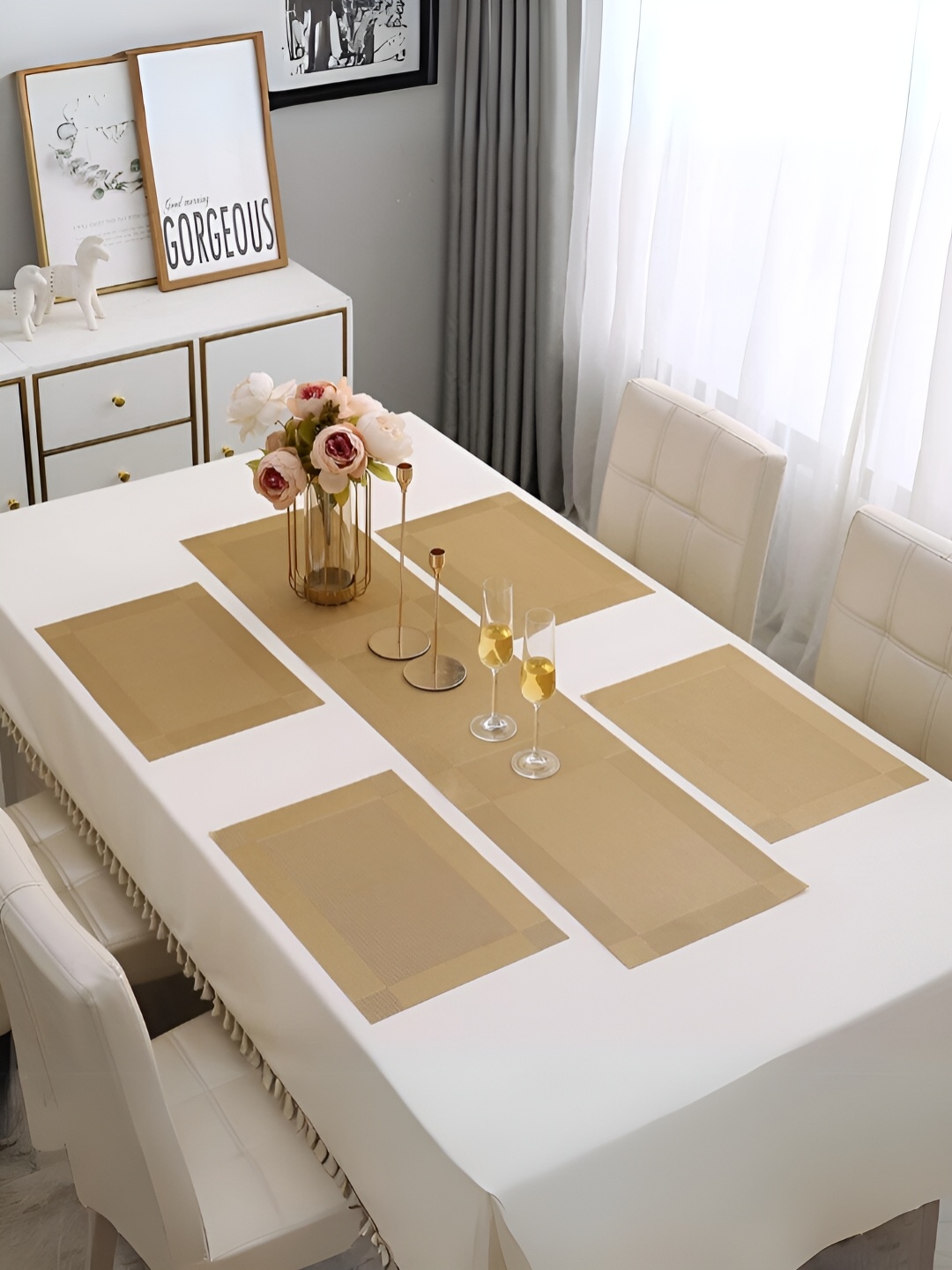 

YELONA Gold Toned 5 Pieces Textured Rectangular Table Placemats & Runner