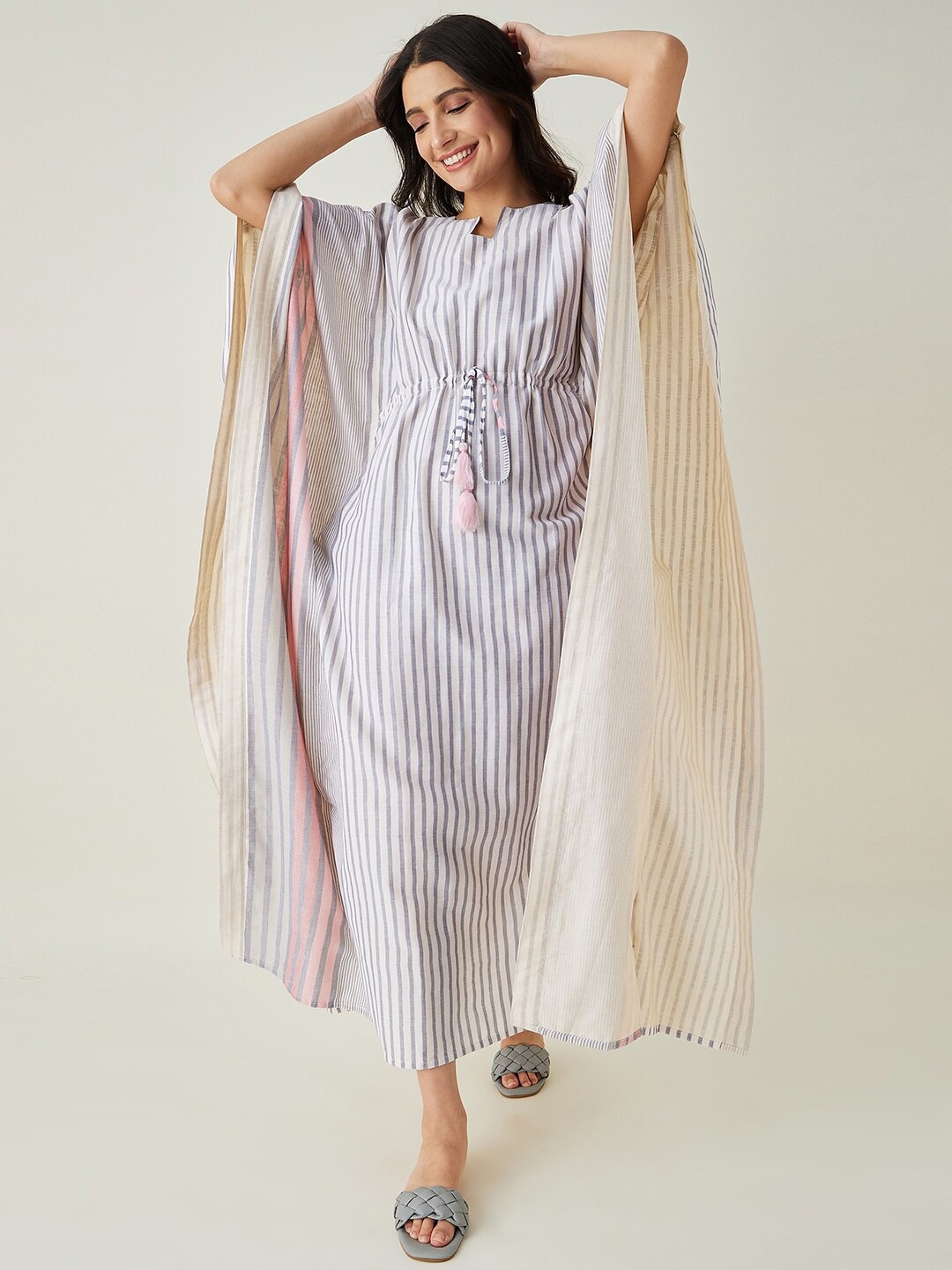 

The Kaftan Company Blue Striped Pure Cotton Maxi Nightdress