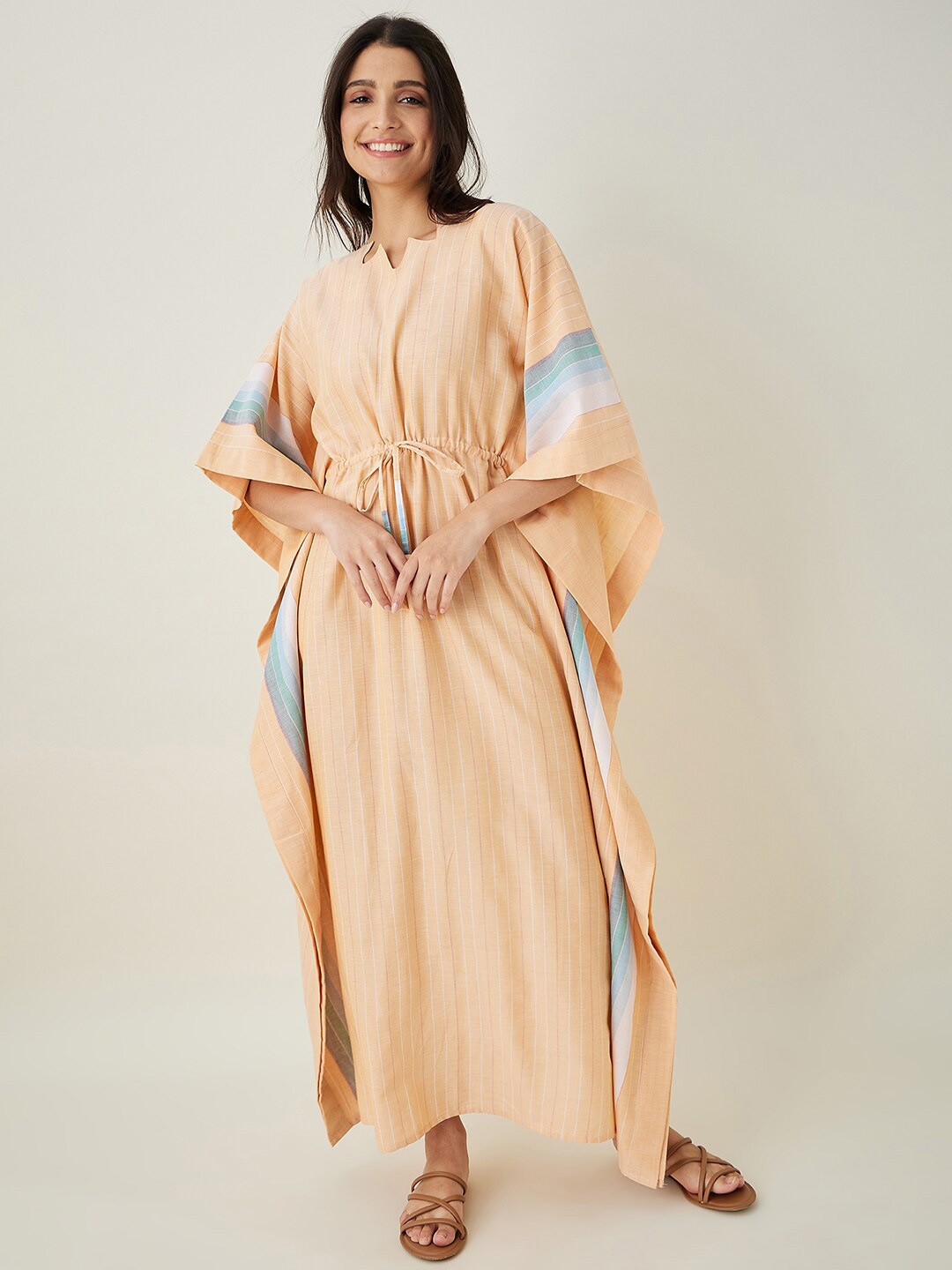 

The Kaftan Company Peach-Coloured Striped Pure Cotton Maxi Nightdress