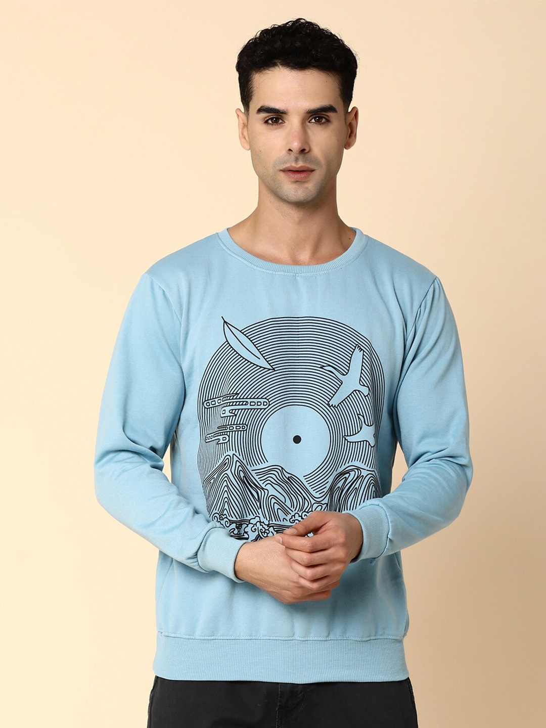 

V-Mart Graphic Printed Ribbed Fleece Pullover Sweatshirt, Blue
