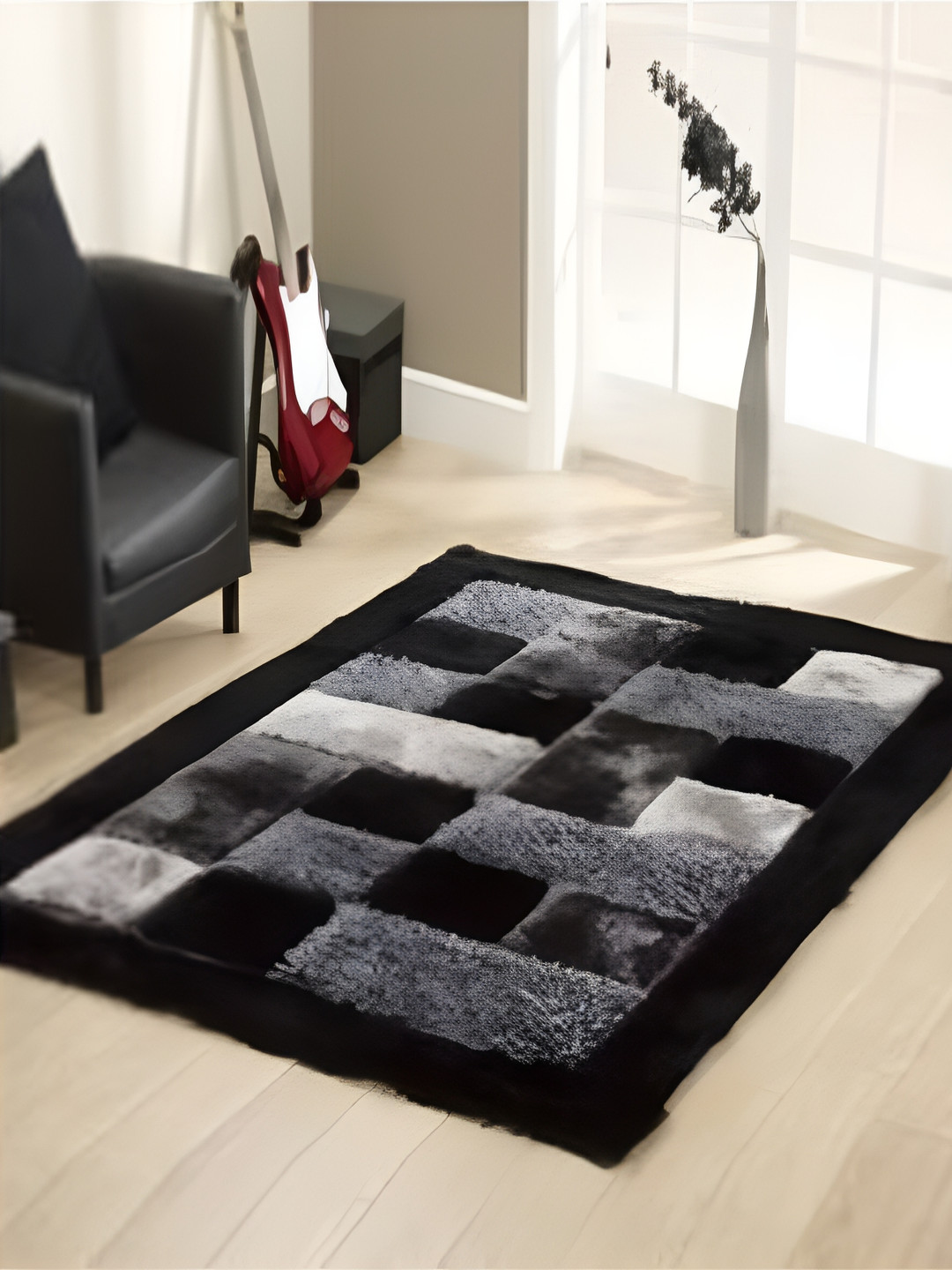 

Shopgallery Black & Grey Geometric Anti Skid Shaggy Carpet