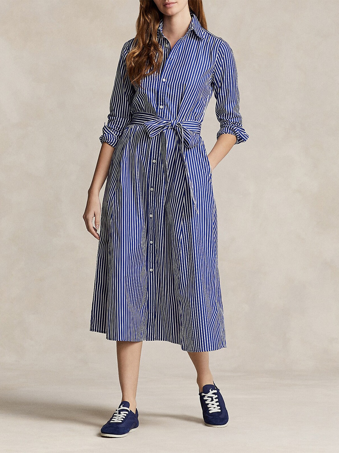 

Polo Ralph Lauren Striped Pure Cotton Belted Midi Shirt Dress, Blue