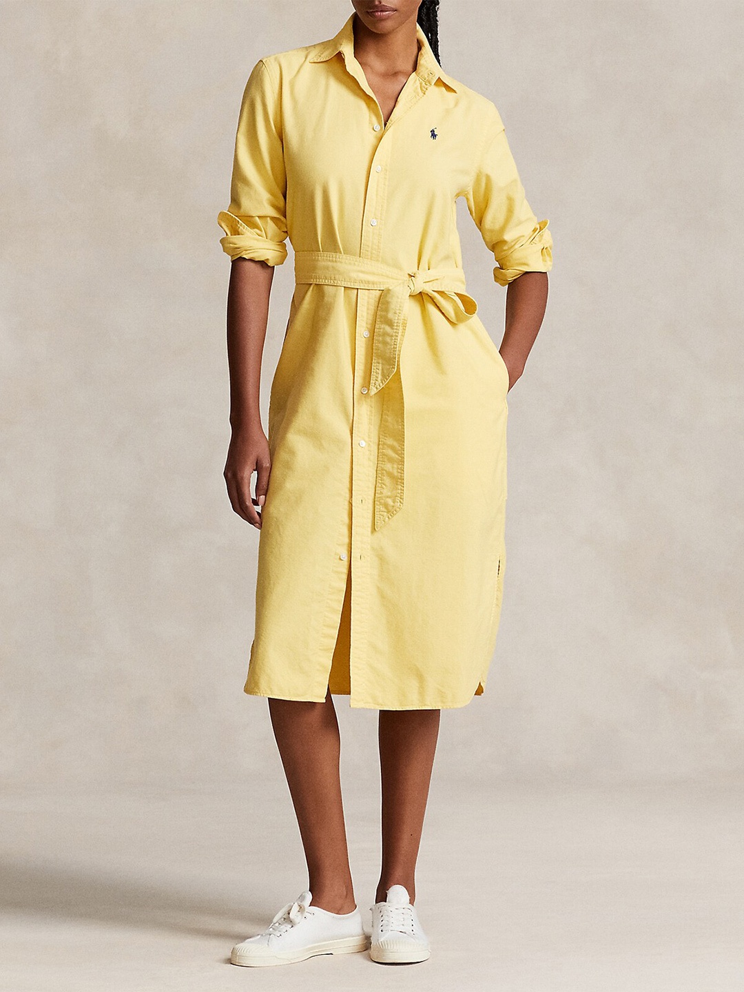 

Polo Ralph Lauren Cuffed Sleeves Belted Cotton Midi Shirt Dress, Yellow