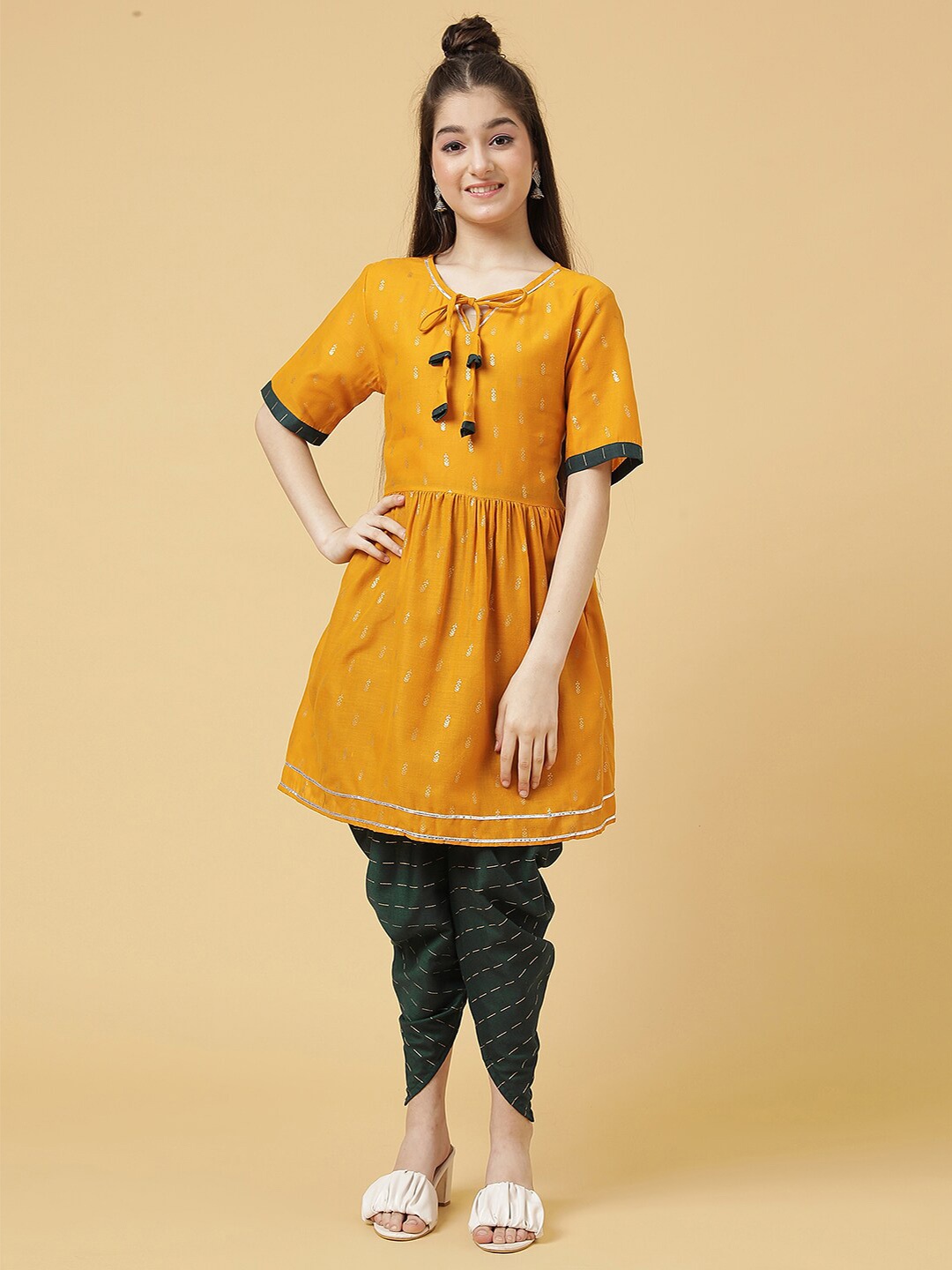 

BAESD Girls Floral Printed Straight Tie-Up Neck Kurta With Dhoti Pant, Mustard