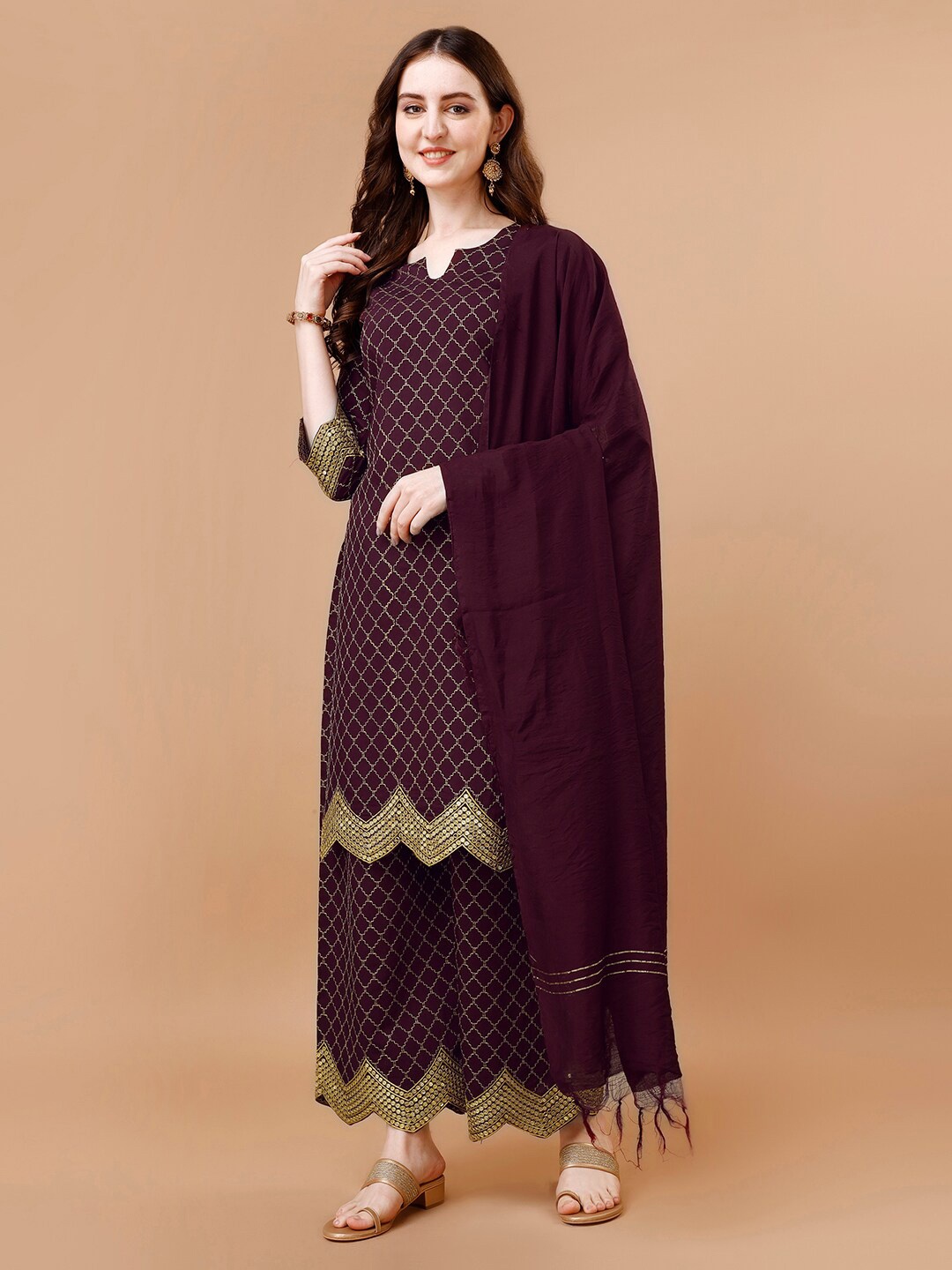 

KALINI Ethnic Motifs Embroidered Regular Kurta with Palazzos & Dupatta, Purple