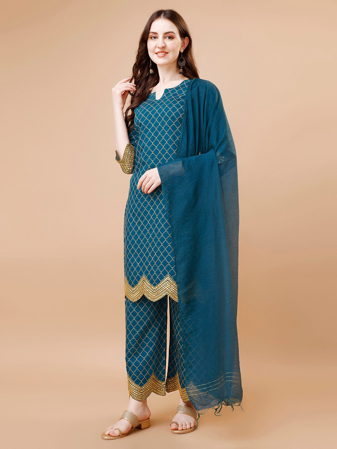 

KALINI Ethnic Motifs Printed Notched Round Neck Kurta with Palazzos & With Dupatta, Blue
