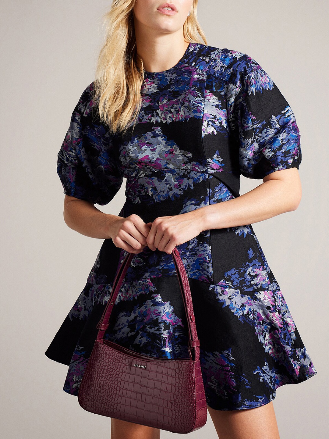 

Ted Baker Floral Printed Puff Sleeve Fit & Flare Dress, Black