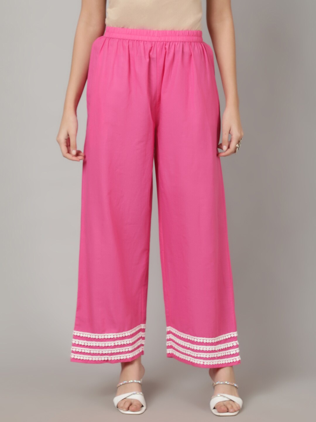 

SAK JAIPUR Hem Design Flared Cotton Ethnic Palazzos, Pink