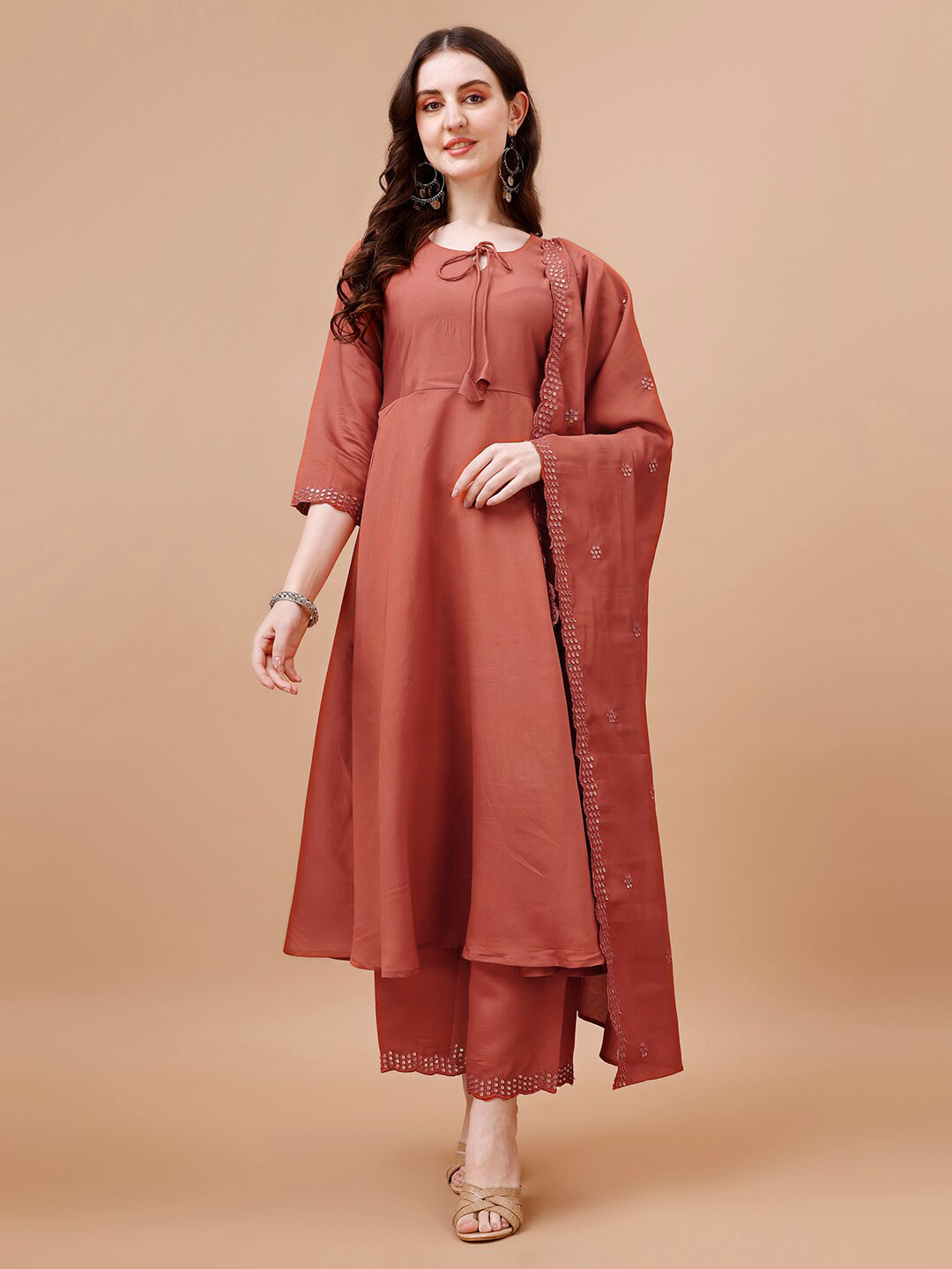 

KALINI Empire Sequinned Kurta with Palazzos & With Dupatta, Rust
