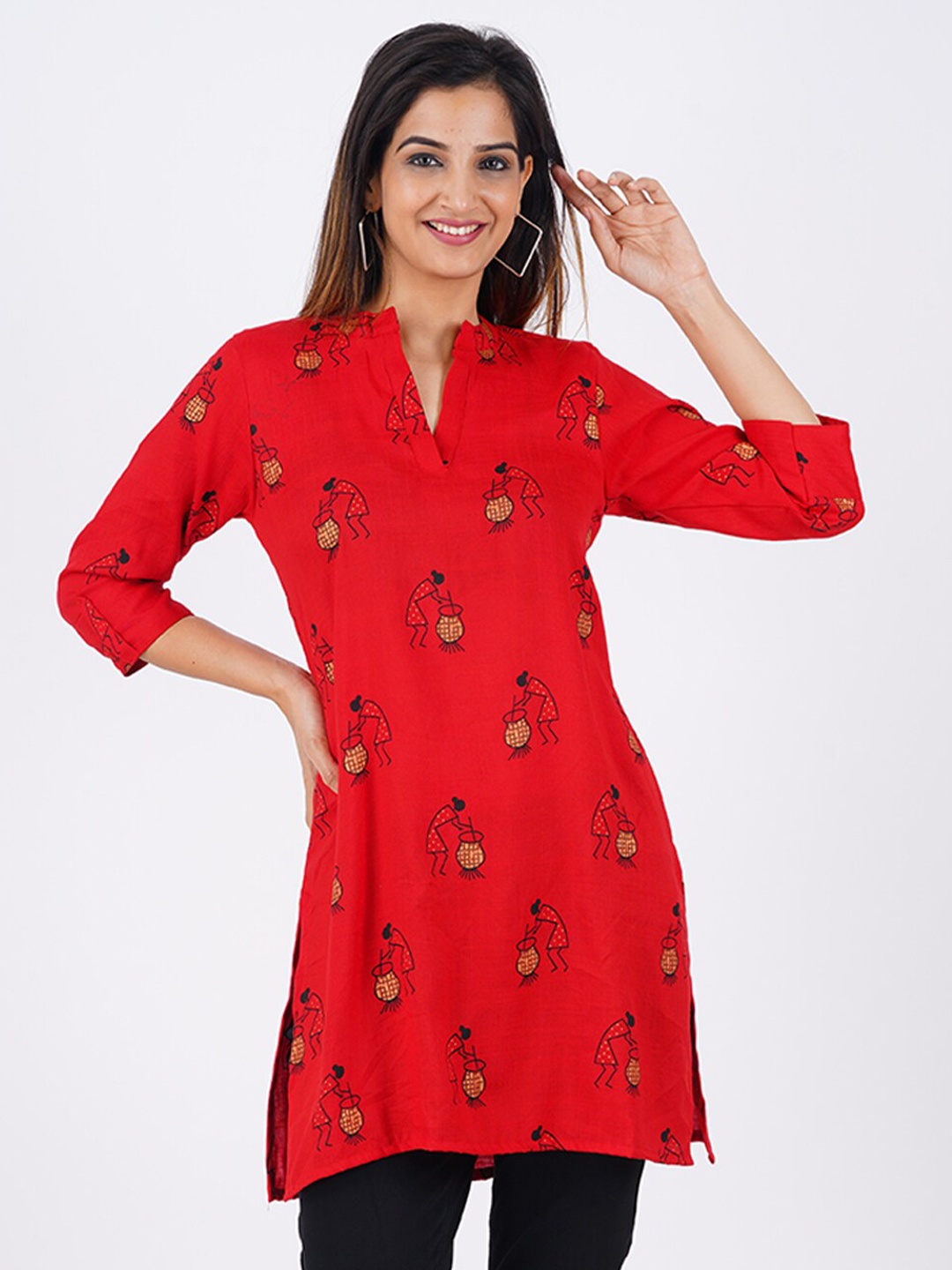 

BAESD V-Neck Three Quarter Sleeves Printed Straight Short Kurti, Red