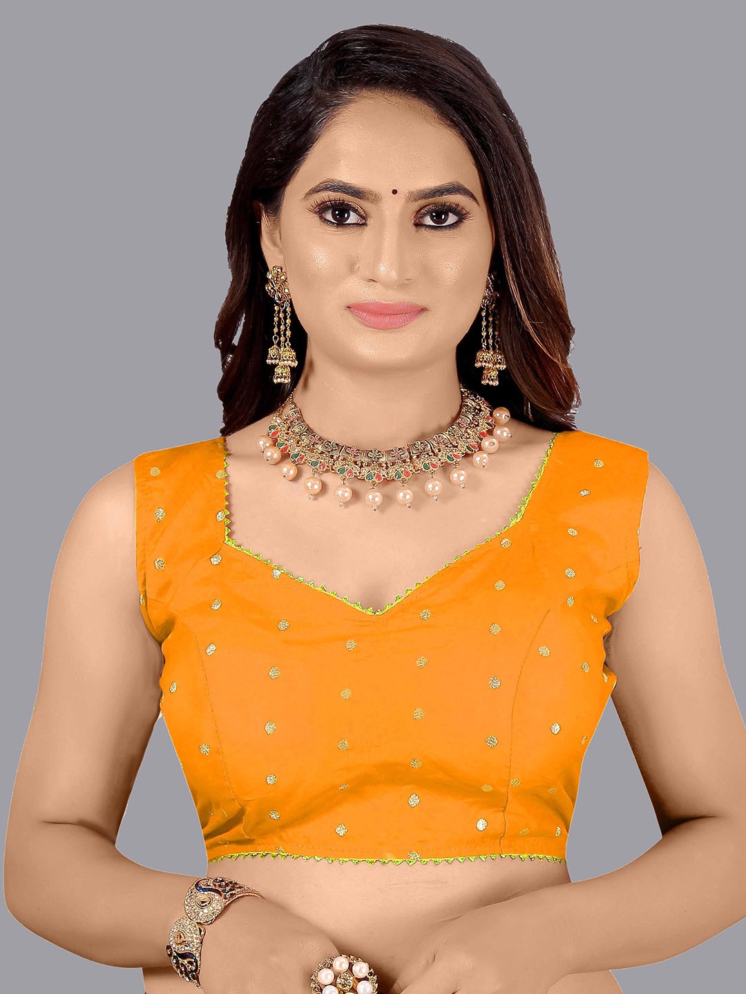 

Kiwie Ethnic Motifs Embroidered Jacquard Saree Blouse, Orange