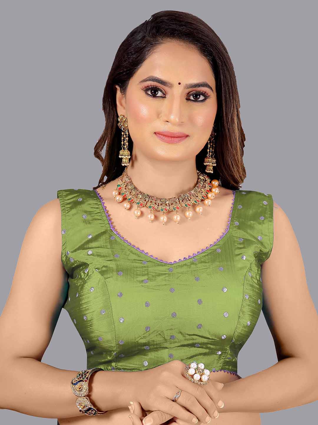 

Kiwie Ethnic Motifs Embroidered Jacquard Saree Blouse, Green