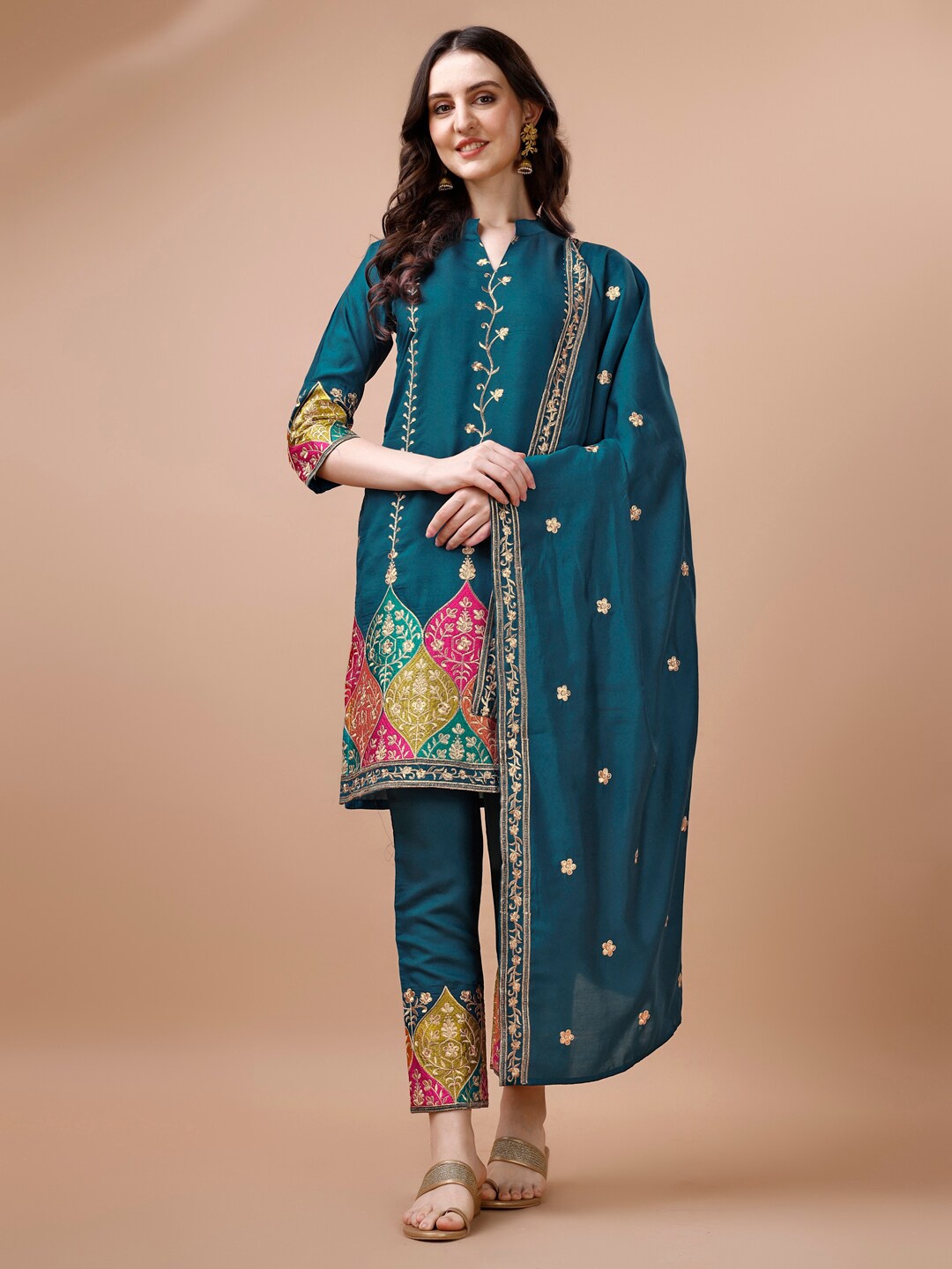 

KALINI Women Blue Ethnic Motifs Embroidered Regular Kurta with Palazzos & With Dupatta