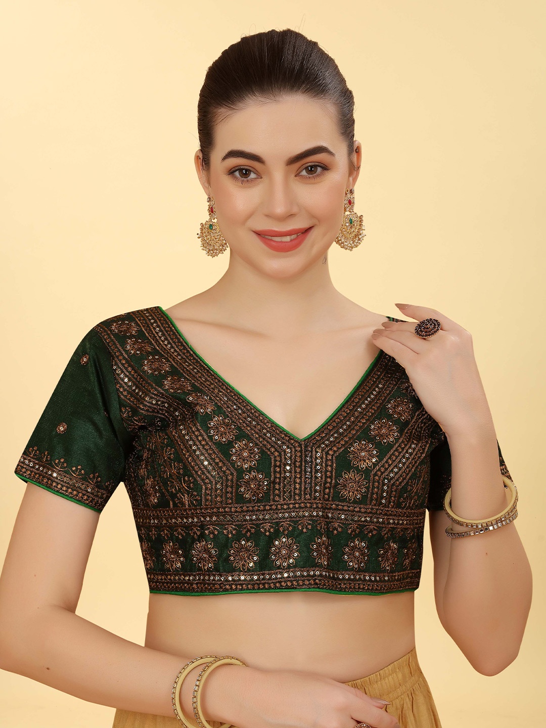 

SHREE SWANGIYAMATA COMPANY Embroidered Silk Saree Blouse, Green