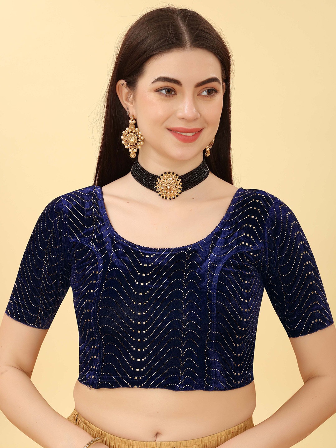 

SHREE SWANGIYAMATA COMPANY Woven Design Short Sleeves Saree Blouse, Navy blue