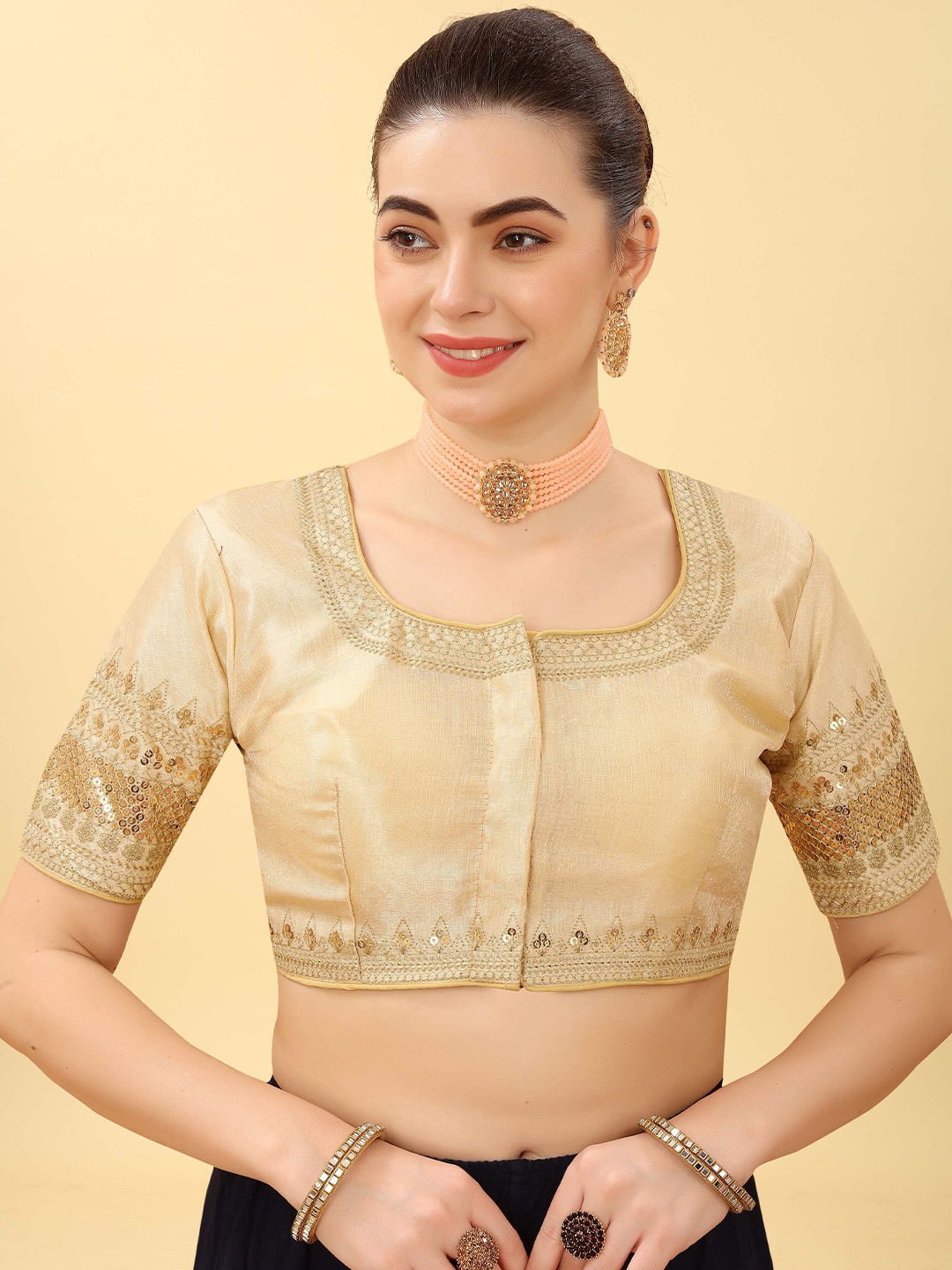 

SHREE SWANGIYAMATA COMPANY Embroidered Silk Saree Blouse, Beige