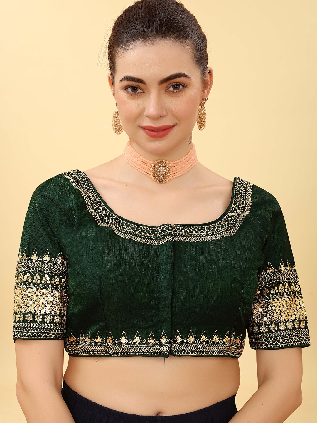 

SHREE SWANGIYAMATA COMPANY Embroidered Silk Saree Blouse, Green