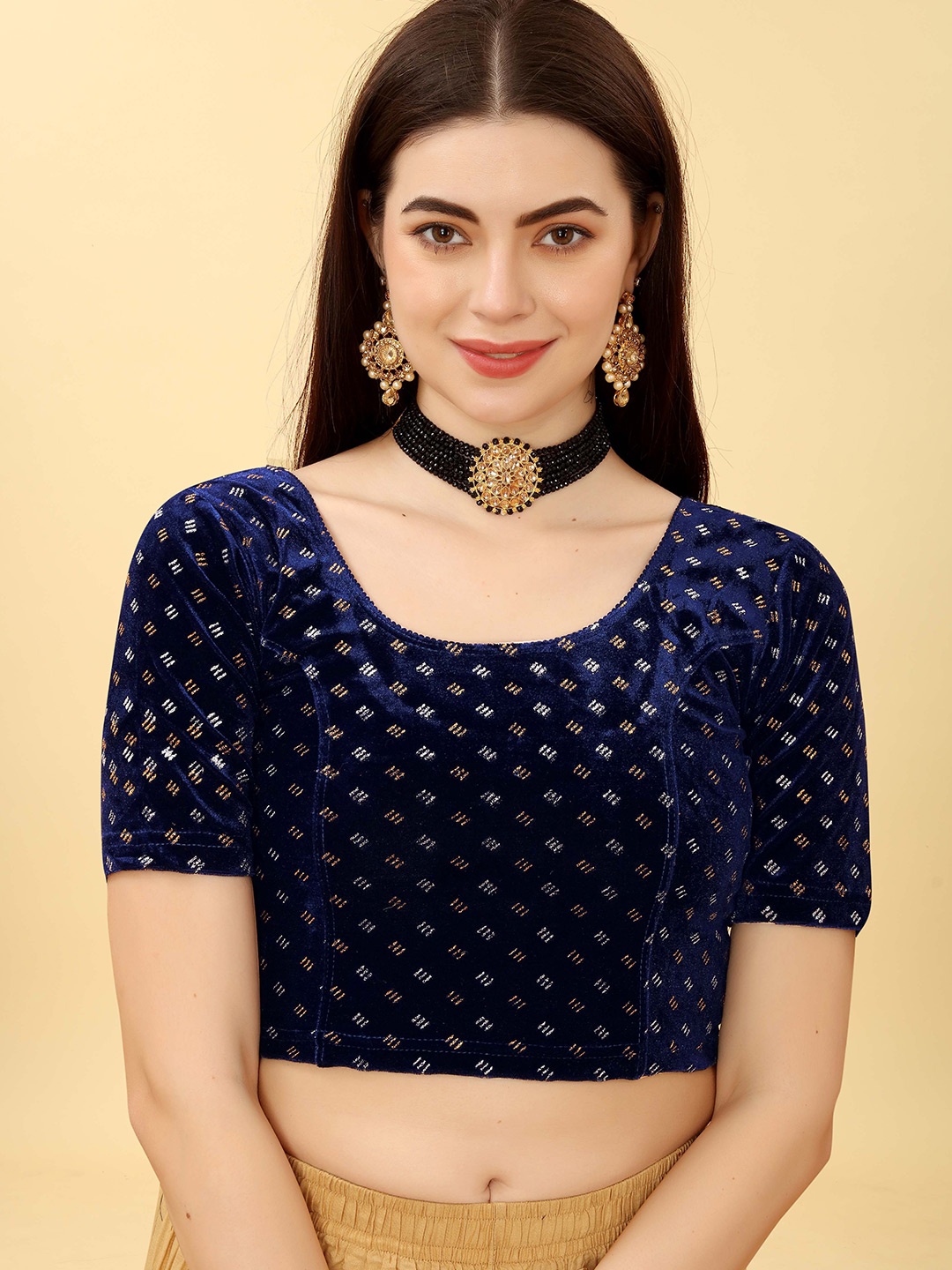 

SHREE SWANGIYAMATA COMPANY Woven Design Short Sleeves Saree Blouse, Navy blue