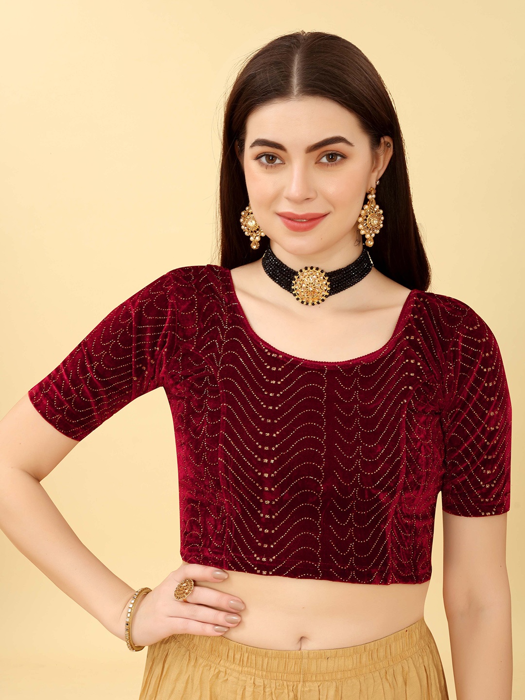 

SHREE SWANGIYAMATA COMPANY Embellished Short Sleeves Saree Blouse, Maroon