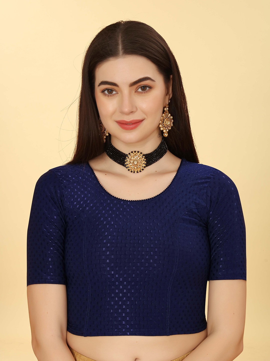 

SHREE SWANGIYAMATA COMPANY Round Neck Saree Blouse, Navy blue