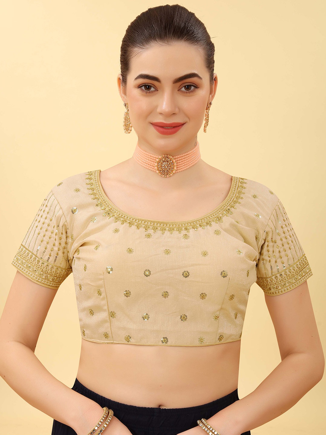 

SHREE SWANGIYAMATA COMPANY Embroidered Silk Saree Blouse, Beige