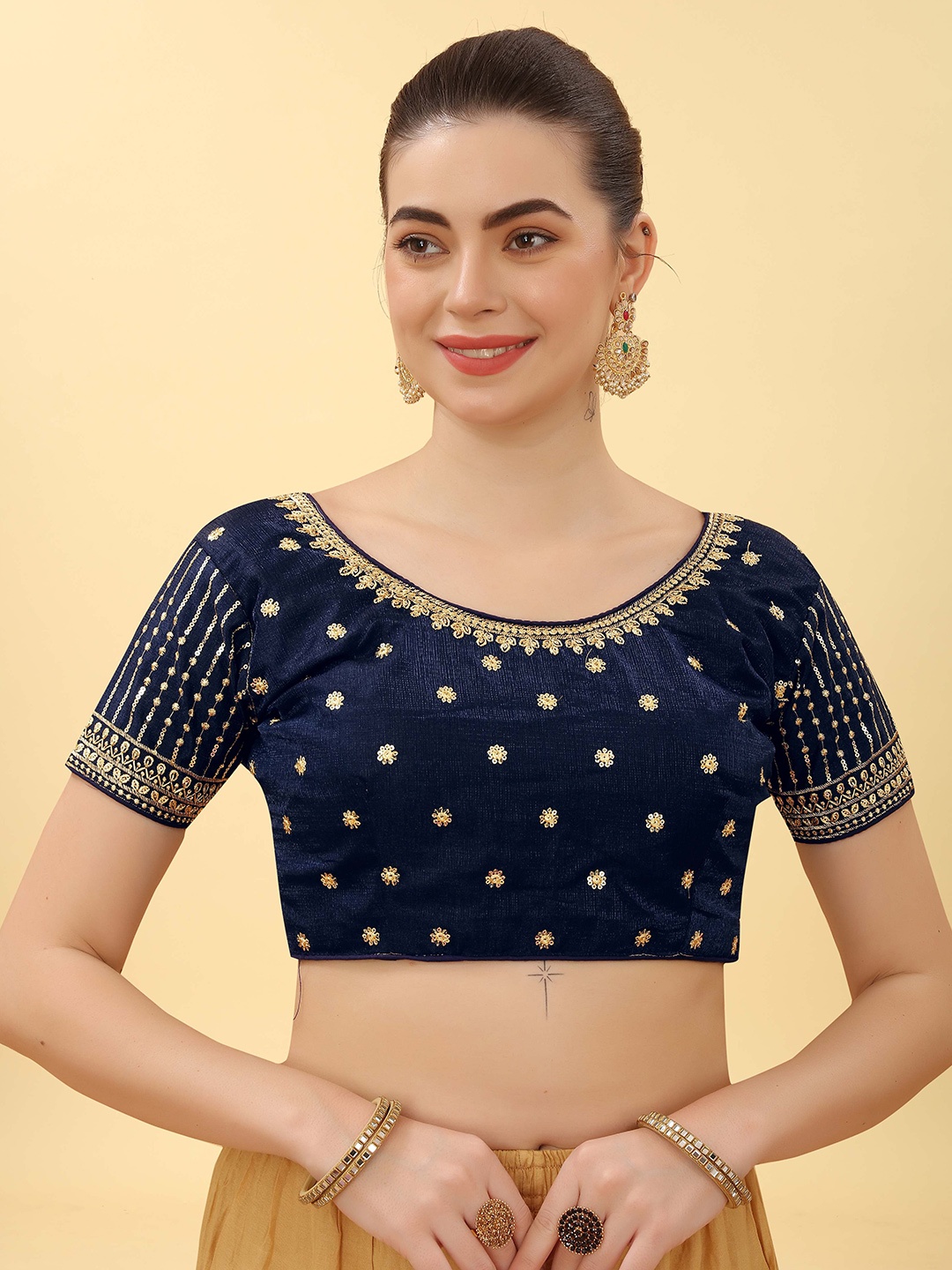

SHREE SWANGIYAMATA COMPANY Embroidered Silk Saree Blouse, Navy blue