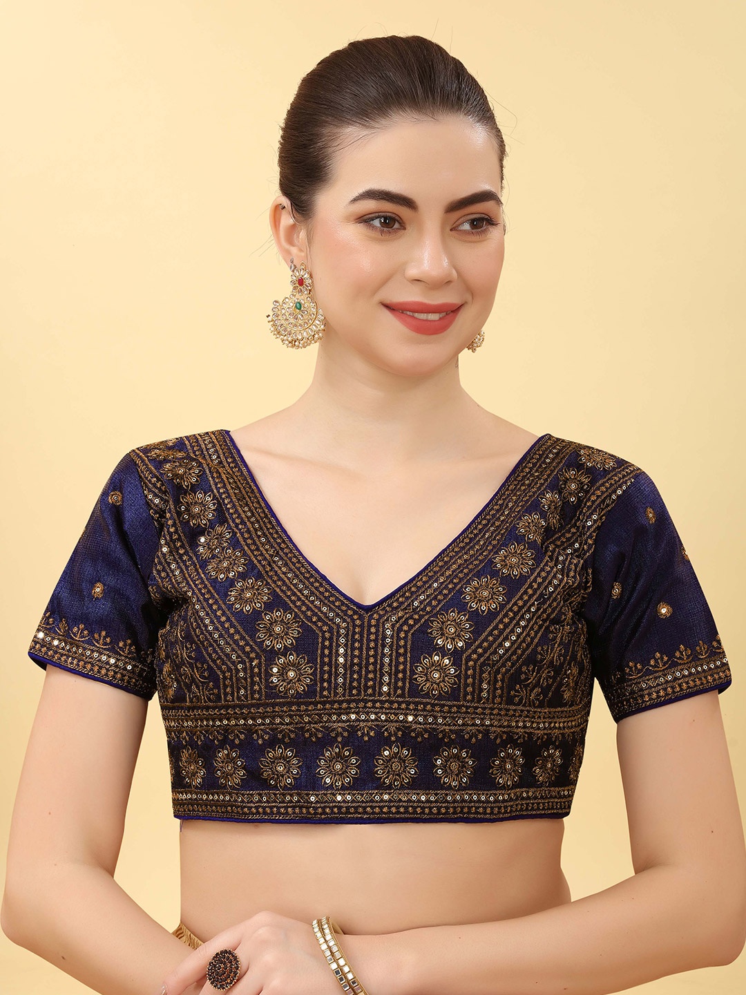 

SHREE SWANGIYAMATA COMPANY Embroidered Sequinned V-Neck Silk Saree Blouse, Navy blue