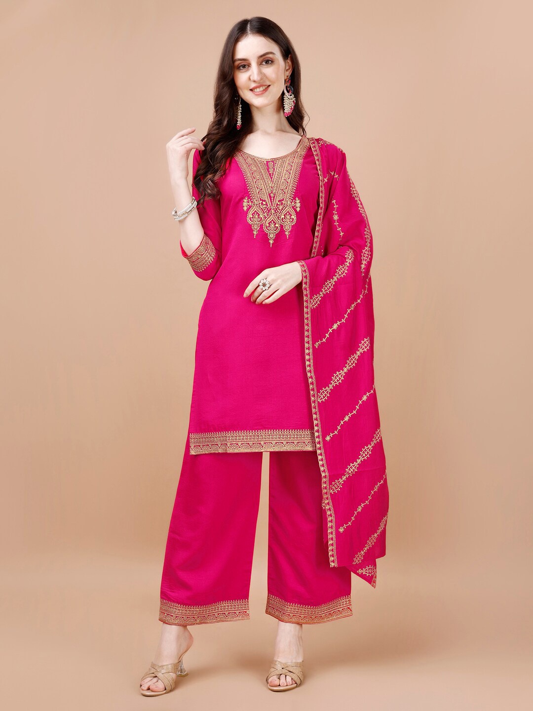 

KALINI Ethnic Motifs Embroidered Round Neck Thread Work Kurta with Palazzos & With Dupatta, Pink