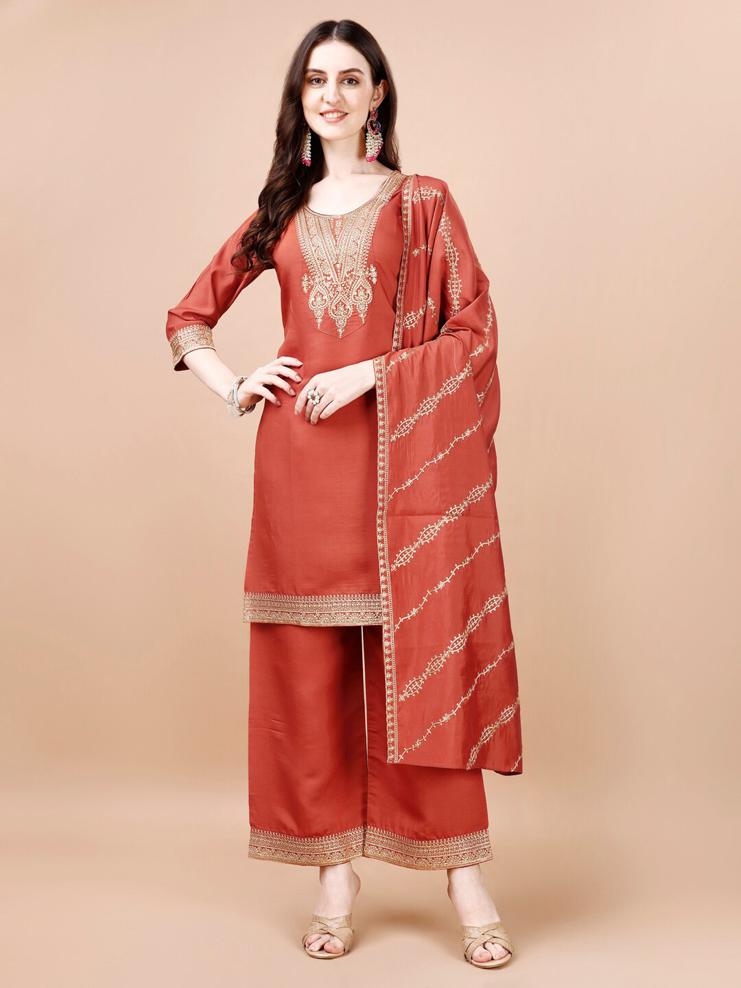 

KALINI Ethnic Motifs Embroidered Straight Kurta with Palazzos & Dupatta, Rust