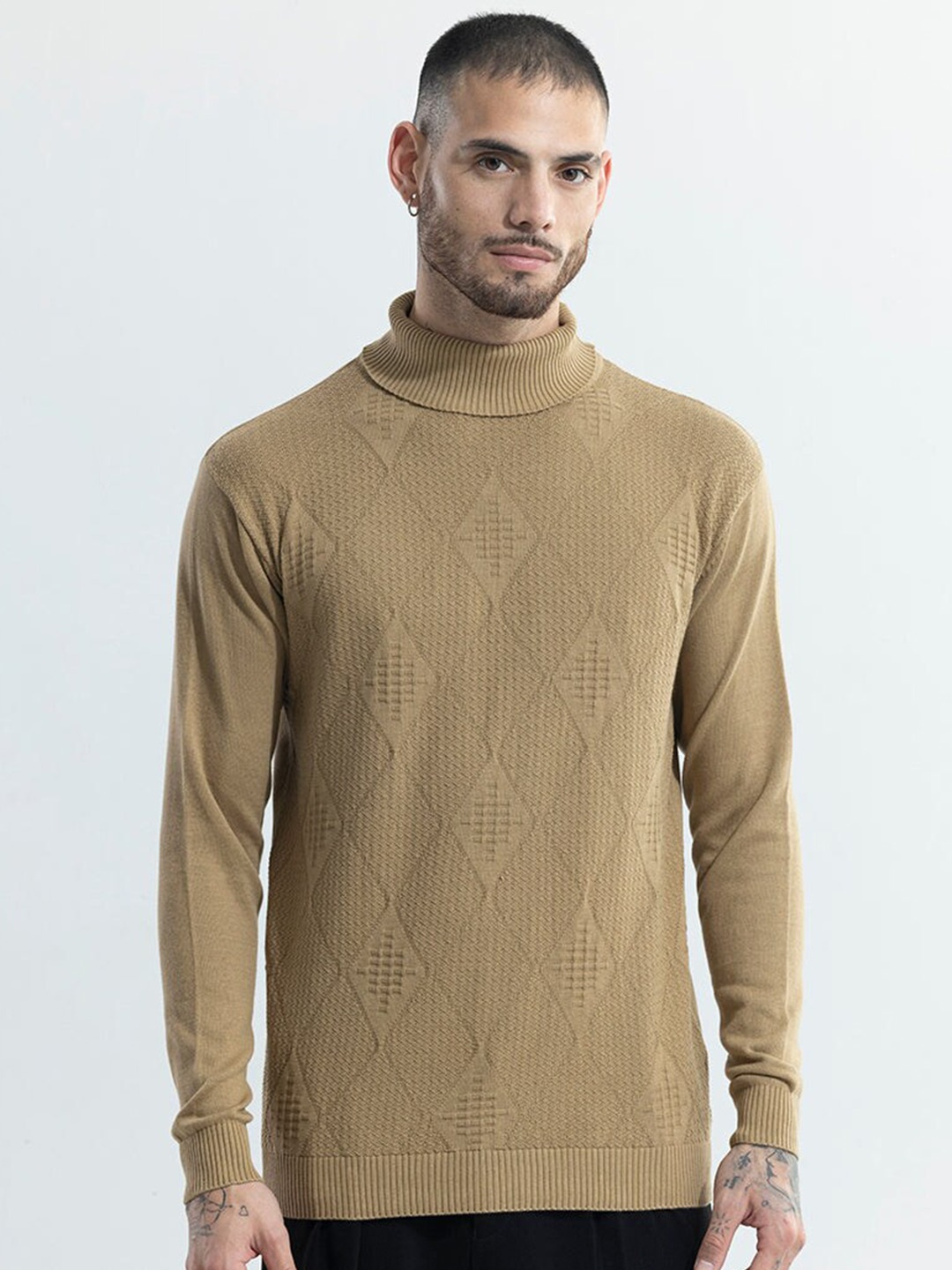 

Snitch Beige Turtle Neck Self Design Cotton Pullover