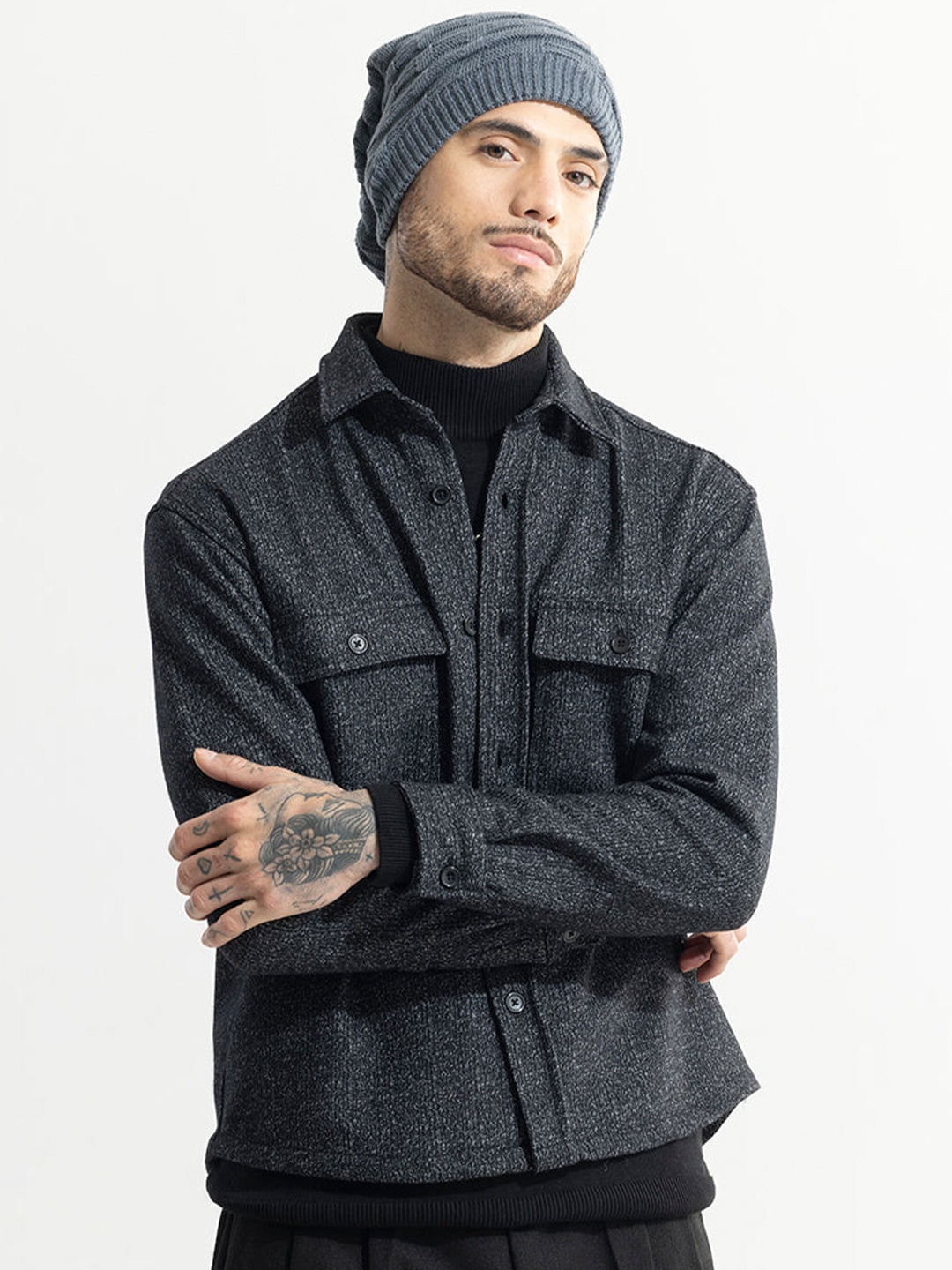 

Snitch Grey Self Design Textured Classic Oversized Casual Shirt